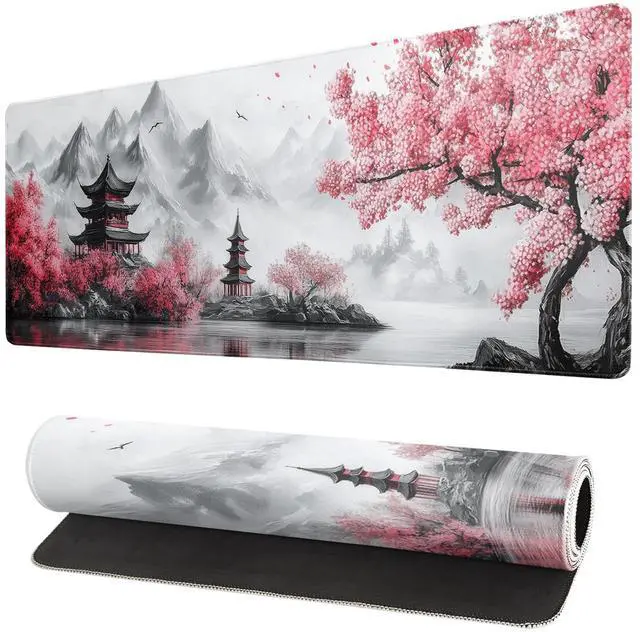 Main image of Retro Cherry Blossoms Mouse Pad 31.5x11.8 Inch White Full Desk Japanese Mousepad Extended Large Non-Slip Rubber Base Waterproof Big Keyboard Mat with Stitched Edges for Gaming and Office