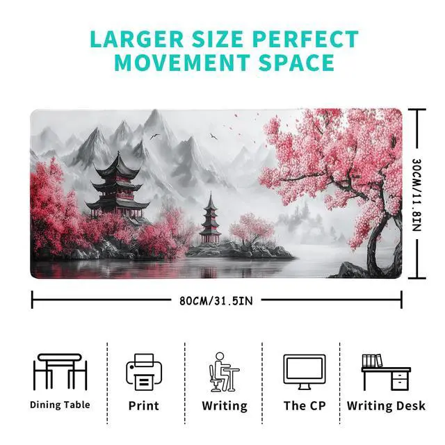 Alt view image 2 of 7 - Retro Cherry Blossoms Mouse Pad 31.5x11.8 Inch White Full Desk Japanese Mousepad Extended Large Non-Slip Rubber Base Waterproof Big Keyboard Mat with Stitched Edges for Gaming and Office