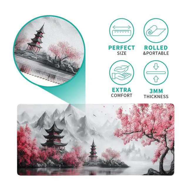 Alt view image 5 of 7 - Retro Cherry Blossoms Mouse Pad 31.5x11.8 Inch White Full Desk Japanese Mousepad Extended Large Non-Slip Rubber Base Waterproof Big Keyboard Mat with Stitched Edges for Gaming and Office