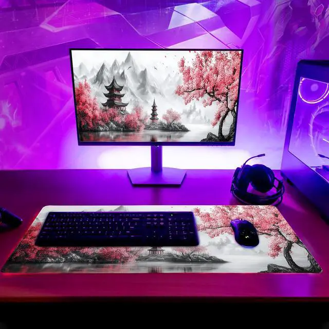 Alt view image 6 of 7 - Retro Cherry Blossoms Mouse Pad 31.5x11.8 Inch White Full Desk Japanese Mousepad Extended Large Non-Slip Rubber Base Waterproof Big Keyboard Mat with Stitched Edges for Gaming and Office