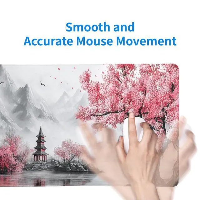 Alt view image 7 of 7 - Retro Cherry Blossoms Mouse Pad 31.5x11.8 Inch White Full Desk Japanese Mousepad Extended Large Non-Slip Rubber Base Waterproof Big Keyboard Mat with Stitched Edges for Gaming and Office