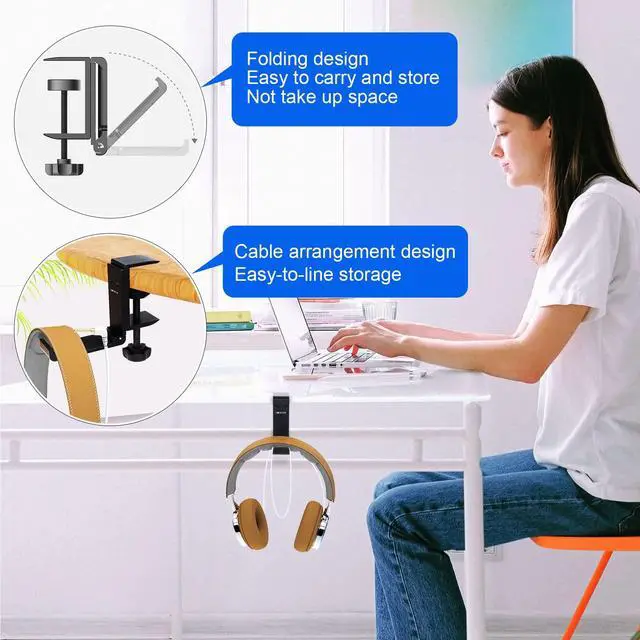 Alt view image 3 of 6 - Aluminum Headphone Stand Hanger Foldable with Cable Clip Headset Holder Clamp Hook Under Desk, Save Your Space While Working & Gaming