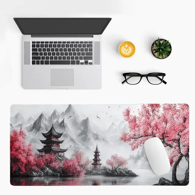 Alt view image 3 of 7 - Retro Cherry Blossoms Mouse Pad 31.5x11.8 Inch White Full Desk Japanese Mousepad Extended Large Non-Slip Rubber Base Waterproof Big Keyboard Mat with Stitched Edges for Gaming and Office