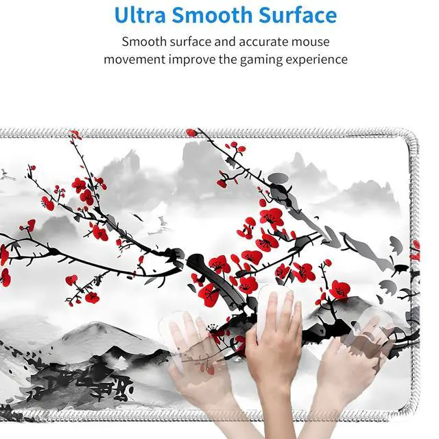 Alt view image 3 of 4 - Japanese Sakura Mouse Pad 31.5x11.8 Inch Watercolor Cherry Blossom Floral White Desk mat Large Non-Slip Rubber Base Waterproof with Stitched Edges for Gaming and Office(Red Moon)