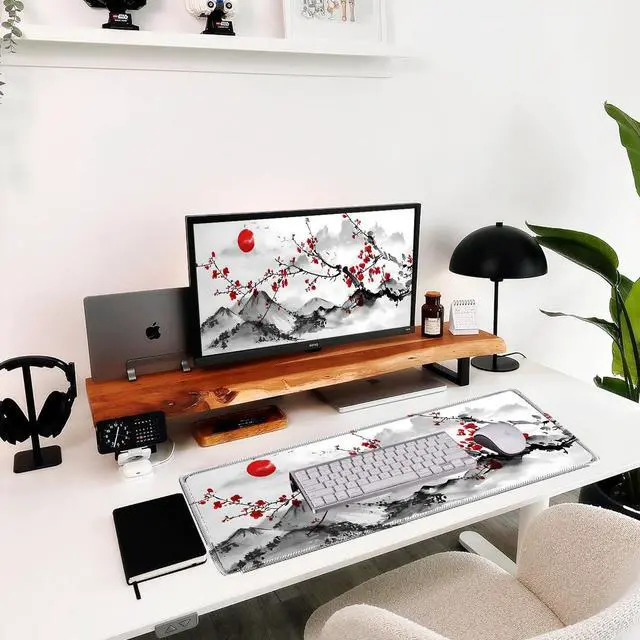 Main image of Japanese Sakura Mouse Pad 31.5x11.8 Inch Watercolor Cherry Blossom Floral White Desk mat Large Non-Slip Rubber Base Waterproof with Stitched Edges for Gaming and Office(Red Moon)