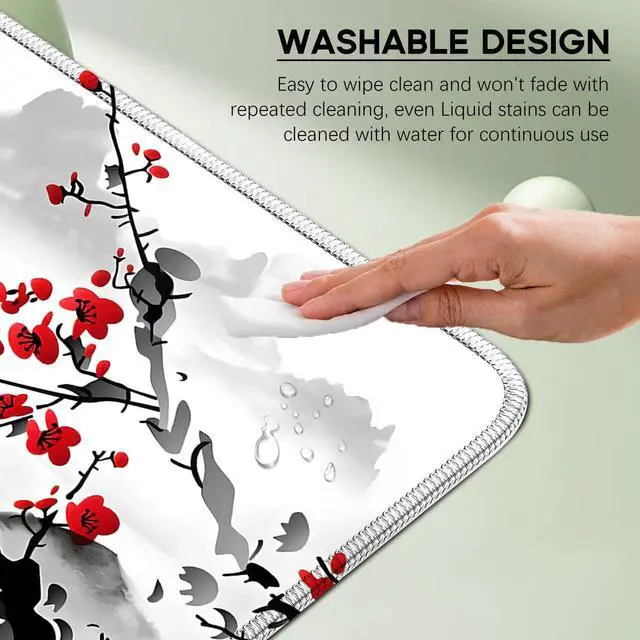 Alt view image 2 of 4 - Japanese Sakura Mouse Pad 31.5x11.8 Inch Watercolor Cherry Blossom Floral White Desk mat Large Non-Slip Rubber Base Waterproof with Stitched Edges for Gaming and Office(Red Moon)