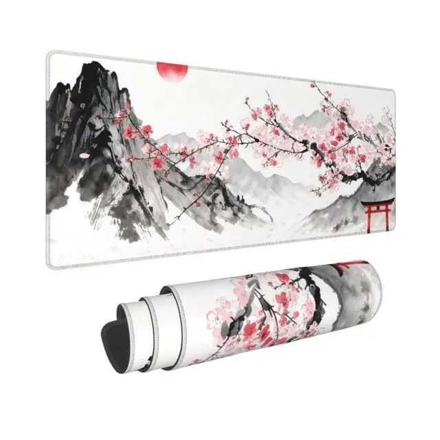 Alt view image 2 of 7 - Japanese Fuji Mountains XL Large Gaming Mouse Pad, Long Extended Full Cherry Blossom Mouse Mat for Top Keyboard Table, Cute Big Stitched Waterproof Mousepad Gifts for Women Office, 31.5 * 11.8 in