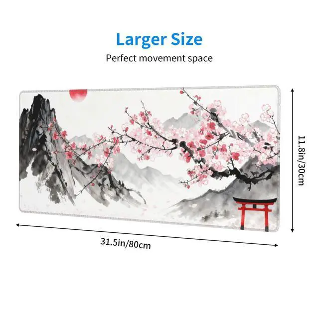 Alt view image 4 of 7 - Japanese Fuji Mountains XL Large Gaming Mouse Pad, Long Extended Full Cherry Blossom Mouse Mat for Top Keyboard Table, Cute Big Stitched Waterproof Mousepad Gifts for Women Office, 31.5 * 11.8 in