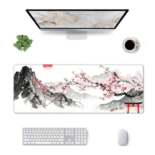 Alt view image 3 of 7 - Japanese Fuji Mountains XL Large Gaming Mouse Pad, Long Extended Full Cherry Blossom Mouse Mat for Top Keyboard Table, Cute Big Stitched Waterproof Mousepad Gifts for Women Office, 31.5 * 11.8 in
