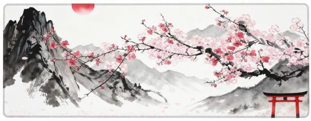 Main image of Japanese Fuji Mountains XL Large Gaming Mouse Pad, Long Extended Full Cherry Blossom Mouse Mat for Top Keyboard Table, Cute Big Stitched Waterproof Mousepad Gifts for Women Office, 31.5 * 11.8 in