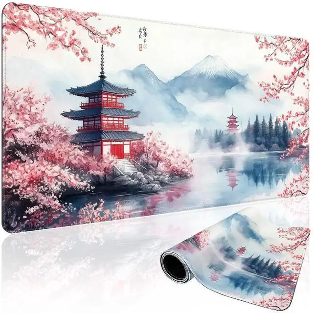 Main image of Japanese Cherry Blossom Large Gaming Mouse Pad 31.5"x15.7" Mount Fuji Art XXL Desk Mat, Non-Slip Rubber Base & Stitched Edges - Extended Waterproo Mousepad for PC/Laptop/Office/Home Decor