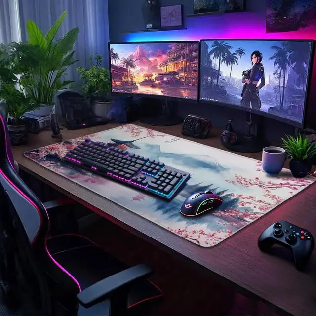 Alt view image 2 of 6 - Japanese Cherry Blossom Large Gaming Mouse Pad 31.5"x15.7" Mount Fuji Art XXL Desk Mat, Non-Slip Rubber Base & Stitched Edges - Extended Waterproo Mousepad for PC/Laptop/Office/Home Decor