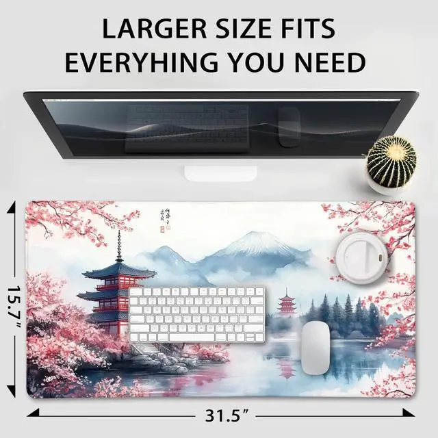 Alt view image 3 of 6 - Japanese Cherry Blossom Large Gaming Mouse Pad 31.5"x15.7" Mount Fuji Art XXL Desk Mat, Non-Slip Rubber Base & Stitched Edges - Extended Waterproo Mousepad for PC/Laptop/Office/Home Decor