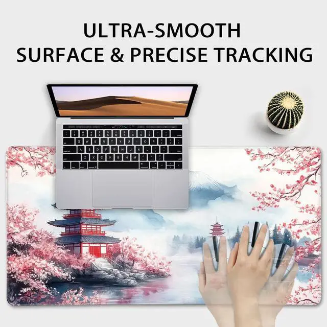 Alt view image 4 of 6 - Japanese Cherry Blossom Large Gaming Mouse Pad 31.5"x15.7" Mount Fuji Art XXL Desk Mat, Non-Slip Rubber Base & Stitched Edges - Extended Waterproo Mousepad for PC/Laptop/Office/Home Decor