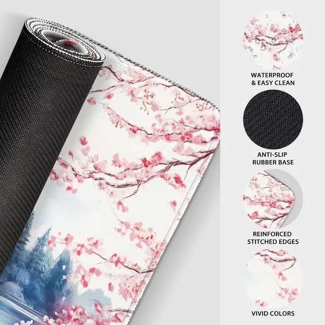 Alt view image 5 of 6 - Japanese Cherry Blossom Large Gaming Mouse Pad 31.5"x15.7" Mount Fuji Art XXL Desk Mat, Non-Slip Rubber Base & Stitched Edges - Extended Waterproo Mousepad for PC/Laptop/Office/Home Decor