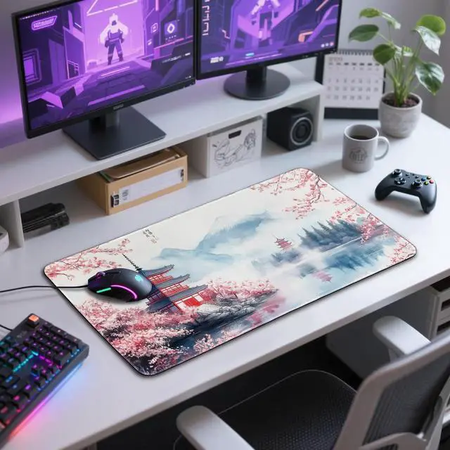 Alt view image 6 of 6 - Japanese Cherry Blossom Large Gaming Mouse Pad 31.5"x15.7" Mount Fuji Art XXL Desk Mat, Non-Slip Rubber Base & Stitched Edges - Extended Waterproo Mousepad for PC/Laptop/Office/Home Decor