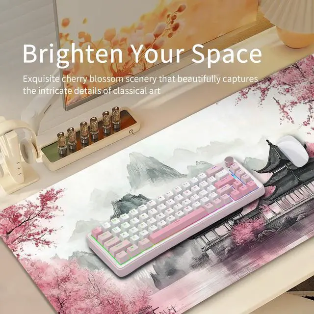 Alt view image 2 of 5 - Cherry Blossom Scenery Large Gaming Desk Pad,XXL Anime Gaming Mouse Pad Keyboard Mat,Mouse Mat Gaming 31.5 x 15.75 in, Large Desk Mat,Waterproof&Non-Slip Desk Mat, Big Desk Pad for Gaming,Office,Home