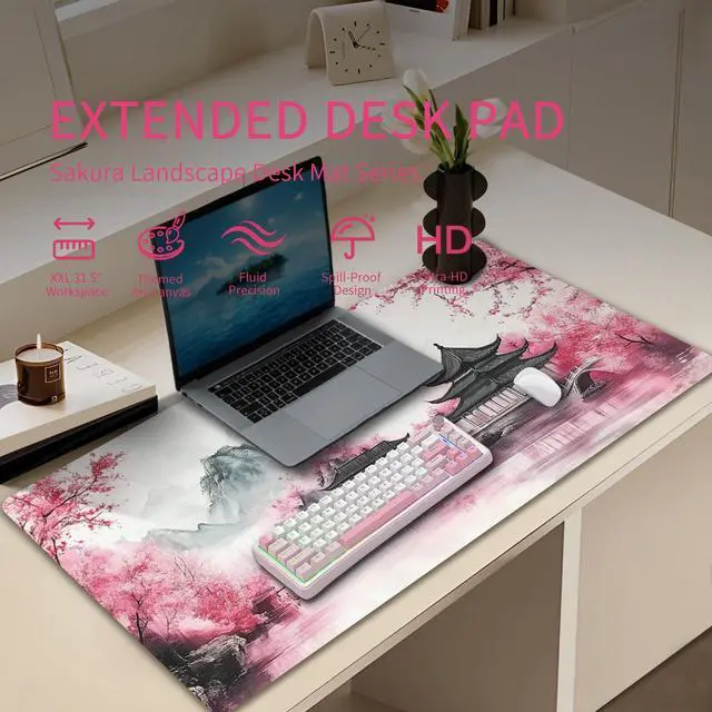 Alt view image 5 of 5 - Cherry Blossom Scenery Large Gaming Desk Pad,XXL Anime Gaming Mouse Pad Keyboard Mat,Mouse Mat Gaming 31.5 x 15.75 in, Large Desk Mat,Waterproof&Non-Slip Desk Mat, Big Desk Pad for Gaming,Office,Home