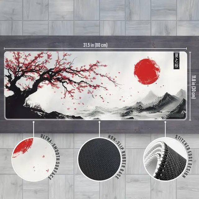 Alt view image 3 of 5 - XL Sakura Cherry Blossom Mouse Pad Japanese Gaming Desk Mat for Keyboard & Mouse Non-Slip Water-Resistant Surface, Stitched Edges 31.5x11.8 in (X-Large)