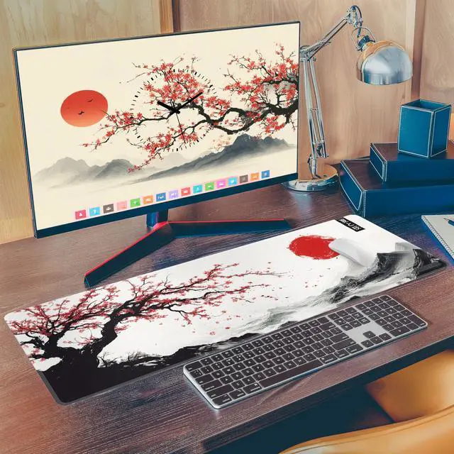 Alt view image 2 of 5 - XL Sakura Cherry Blossom Mouse Pad Japanese Gaming Desk Mat for Keyboard & Mouse Non-Slip Water-Resistant Surface, Stitched Edges 31.5x11.8 in (X-Large)