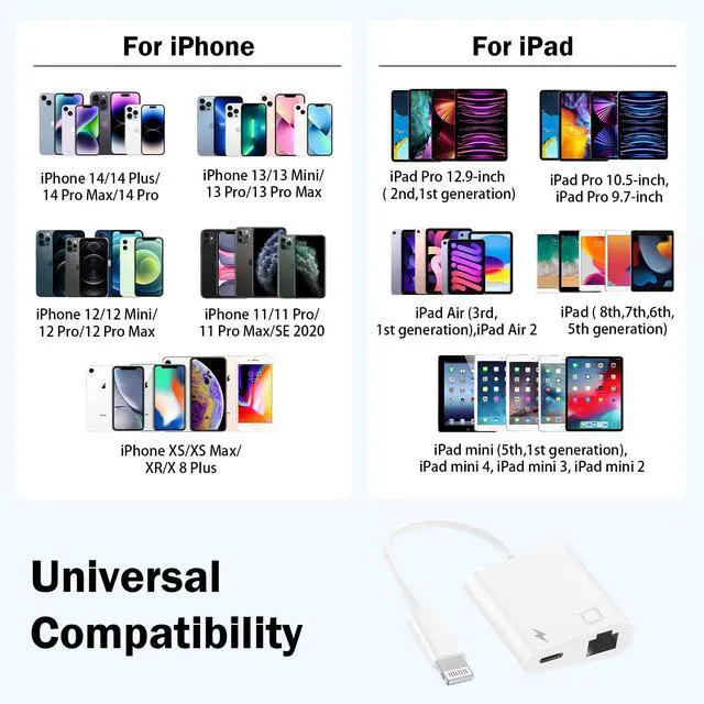 Alt view image 7 of 7 - MFi Certified 2 in 1 Lightning to RJ45 Ethernet LAN Network Adapter with Charge Port Compatible with iPhone/iPad/iPod Models, Supports 100Mbps,Plug and Play Ethernet Network