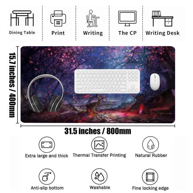Alt view image 2 of 7 - Japanese Large Gaming Mouse Pad 31.5"x15.7" Forest-Themed XXL Keyboard Pad, Mouse Mat, Desk Pad, Non-Slip Rubber Base & Stitched Edges Desk Mat- Big Extended Mousepad for PC/Laptop/Office/Home Decor