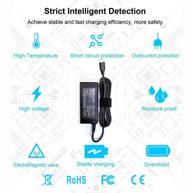 Alt view image 6 of 7 - 45W USB C Charger for HP Chromebook X360 14 14A G5 11 11A G8 G7 G6 G1 G2 EE 14-CA000 11-AE000 14-ca061dx 14-ca051wm 14-ca052wm 14-ca091wm 14-ca020nr 14-ca060nr 14-ca043cl 11-ae051wm l43407-001