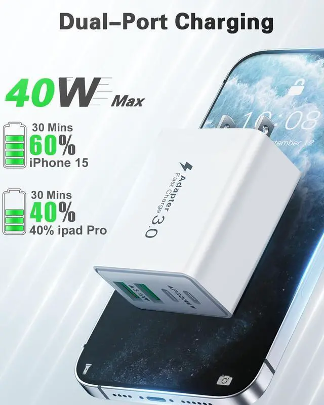 Alt view image 2 of 7 - 2-Pack iPhone 16 15 Fast Charger Block with 6FT USB C Cable, 40W 4-Port USB C Charging Block for iPhone 16 15 Pro Max Plus Series/iPad Pro, Samsung, Multi Wall Plug Power Adapter Charger Box Brick