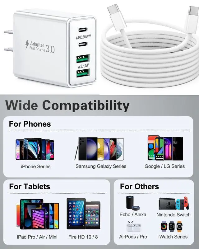 Alt view image 7 of 7 - 2-Pack iPhone 16 15 Fast Charger Block with 6FT USB C Cable, 40W 4-Port USB C Charging Block for iPhone 16 15 Pro Max Plus Series/iPad Pro, Samsung, Multi Wall Plug Power Adapter Charger Box Brick