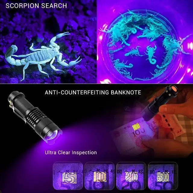 Alt view image 6 of 7 - Mini Zoomable 3 Modes UV Blood Tracking Flashlights for Hunting Ultraviolet LED Blacklight Flashlight Pocket Torch for Money Detector, Cat-Dog-Pet Urine Detector (Battery not Included)