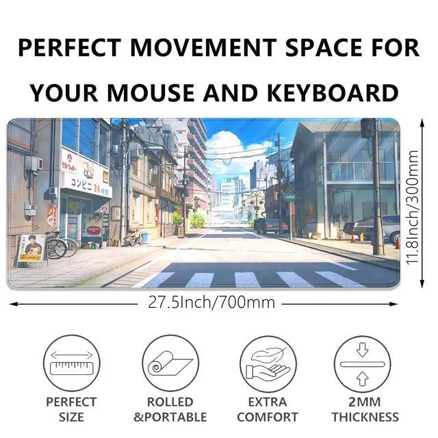 Alt view image 3 of 7 - Anime Tokyo Street Japanese Mouse Pad,Large Extended Gaming Mouse Mat with Stitched Edges,Non-Slip Waterproof Rubber Base Desk Mat for Office Work Home Games Desk Pad(27.5X11.8 in)