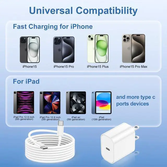 Alt view image 6 of 7 - iPhone 17 16 15 Fast Charger and 6ft Type C to C Cable Cord Long, 20W USB C Charging Block Plug for Apple iPhone 17 Pro Max/17 Air/16 Pro/16 Plus/15 Pro/15 Mini/iPad Power Adapter Cube Brick/AirPods
