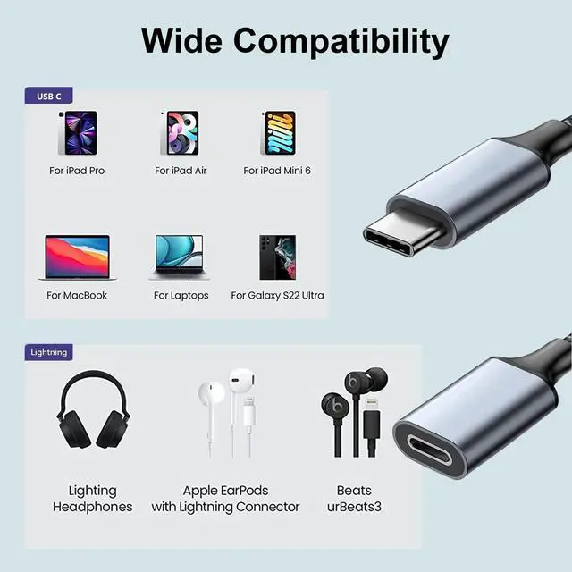 Alt view image 3 of 7 - USB C to Lightning Audio Adapter for iPhone 16 15 Pro Max, USB Type C Male to Lightning Female Headphones Cable Converter Fit with iPad Pro, Galaxy S23 S22, Pixel 7 6, MacBook (Can't Charge & Sync)