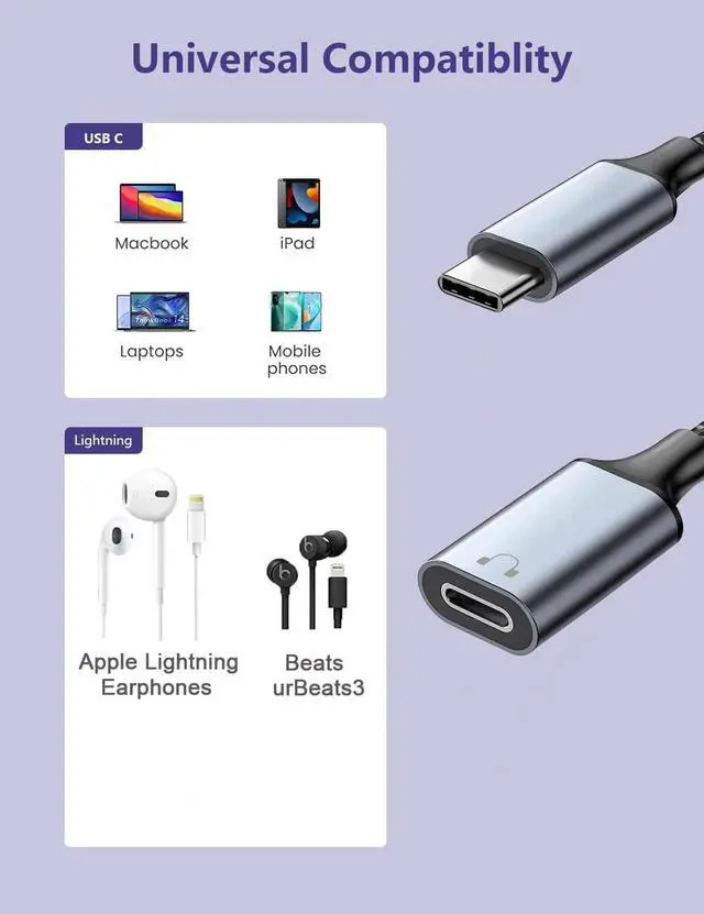 Alt view image 2 of 7 - USB C to Lightning Audio Adapter Cable USB Type C Male to Lightning HiFi Audio Female Headphones Converter Fit with iPhone 16 15, iPad Pro/Air, Macbook, Galaxy S23 S22, Pixel 7 6 (Not for Charge&Data)