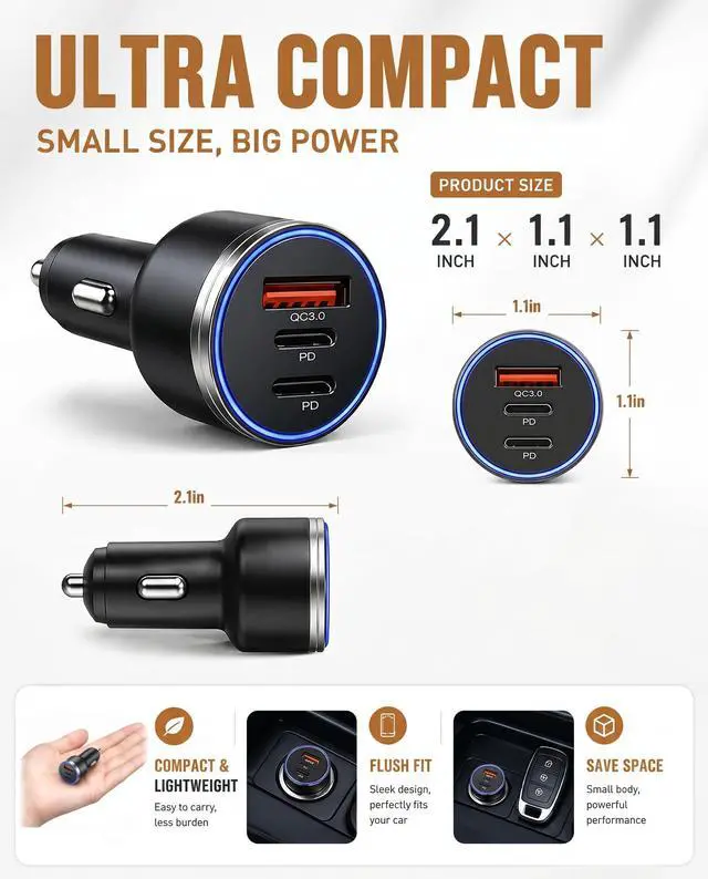 Alt view image 2 of 6 - 67W USB C Car Charger, 3-Port Fast Car Charger Adapter with PD 36W Independent + PD 30W Shared + QC3.0 18W, Compact Cigarette Lighter USB Charger for iPhone 17/17 pro/16, Samsung, iPad, Tablet, Switch