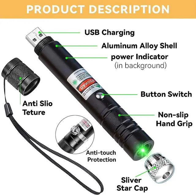 Alt view image 3 of 7 - Long Range High Power Tactical Green Beam Flashlight Laser Pointer rechargeableUSB Laser Pointer Cat Toys with Star Cap Adjustable Focus for Teaching Outdoor Hunting