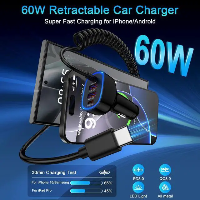 Alt view image 2 of 7 - USB C Car Charger 60W Super Fast Car Phone Charger Adapter with 3ft 30W Type-C Coiled Cable for Samsung Galaxy S25 Edge/S25 Ultra/S24/S23/S22/S21/A16/A17/iPhone 17/16e/16 Pro/Pixel 10/9/8