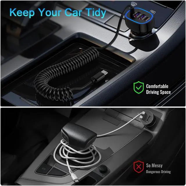 Alt view image 3 of 7 - USB C Car Charger 60W Super Fast Car Phone Charger Adapter with 3ft 30W Type-C Coiled Cable for Samsung Galaxy S25 Edge/S25 Ultra/S24/S23/S22/S21/A16/A17/iPhone 17/16e/16 Pro/Pixel 10/9/8