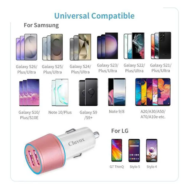 Alt view image 4 of 7 - Fast USB Car Charger for Samsung Galaxy A56/A55/A54/A53/A50/A17/A16/A15/A14/S26/S25/S24/S23/S22 Plus/Ultra/Note 20/A21/A31/A51 Quick Charge 3.0 Dual USB Rapid Car Charger with Type C Cable 3.3ft-Pink