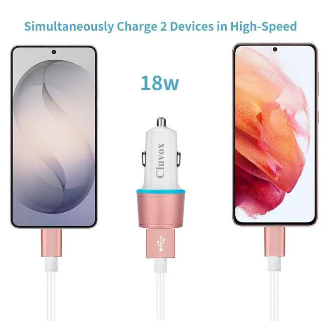 Alt view image 3 of 7 - Fast USB Car Charger for Samsung Galaxy A56/A55/A54/A53/A50/A17/A16/A15/A14/S26/S25/S24/S23/S22 Plus/Ultra/Note 20/A21/A31/A51 Quick Charge 3.0 Dual USB Rapid Car Charger with Type C Cable 3.3ft-Pink