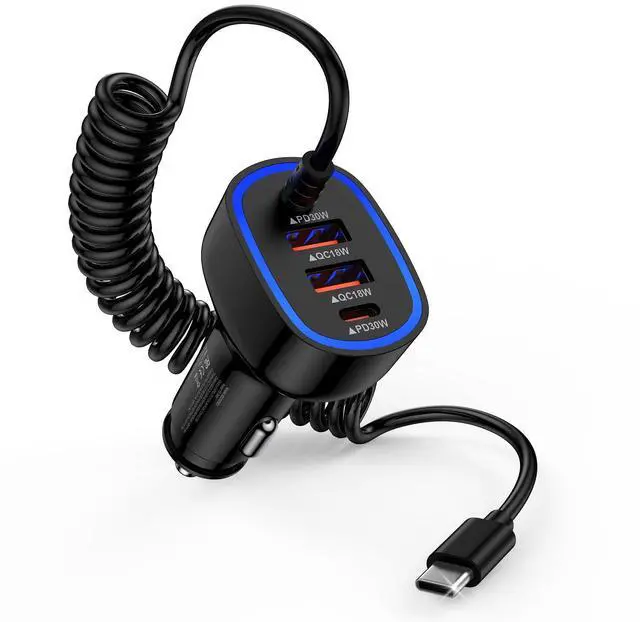 Main image of USB C Car Charger 60W Super Fast Car Phone Charger Adapter with 3ft 30W Type-C Coiled Cable for Samsung Galaxy S25 Edge/S25 Ultra/S24/S23/S22/S21/A16/A17/iPhone 17/16e/16 Pro/Pixel 10/9/8