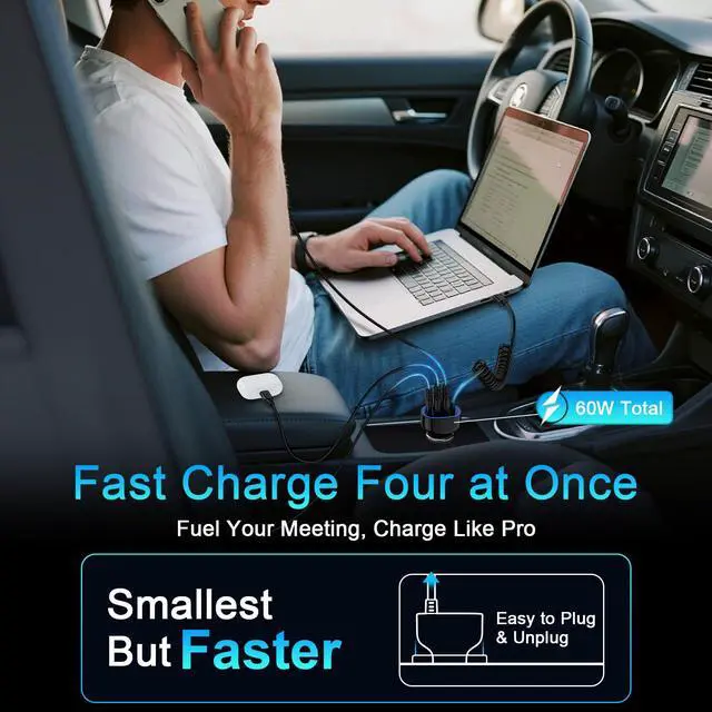 Alt view image 5 of 7 - USB C Car Charger 60W Super Fast Car Phone Charger Adapter with 3ft 30W Type-C Coiled Cable for Samsung Galaxy S25 Edge/S25 Ultra/S24/S23/S22/S21/A16/A17/iPhone 17/16e/16 Pro/Pixel 10/9/8
