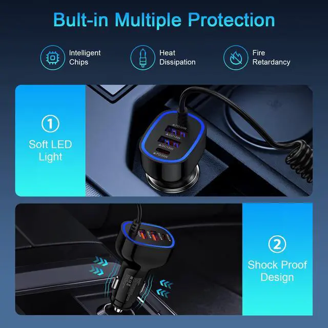 Alt view image 6 of 7 - USB C Car Charger 60W Super Fast Car Phone Charger Adapter with 3ft 30W Type-C Coiled Cable for Samsung Galaxy S25 Edge/S25 Ultra/S24/S23/S22/S21/A16/A17/iPhone 17/16e/16 Pro/Pixel 10/9/8