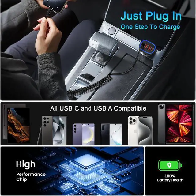 Alt view image 7 of 7 - USB C Car Charger 60W Super Fast Car Phone Charger Adapter with 3ft 30W Type-C Coiled Cable for Samsung Galaxy S25 Edge/S25 Ultra/S24/S23/S22/S21/A16/A17/iPhone 17/16e/16 Pro/Pixel 10/9/8