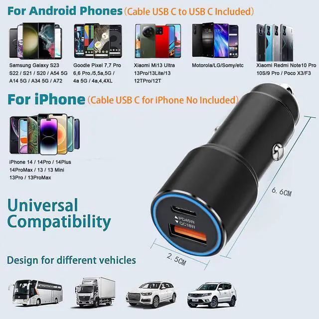 Alt view image 6 of 6 - 63W Super Fast Car Charger and Cable for Samsung Galaxy S25/S25 Plus/S25 Ultra/S24 FE/S23 S22 S24 /S21 S20,A54 5G/A55 5G/A15 A25,Z Fold 4 5/Z FILP,USB C 45W+USB A 18W Adapter Phone Cigarette Lighter