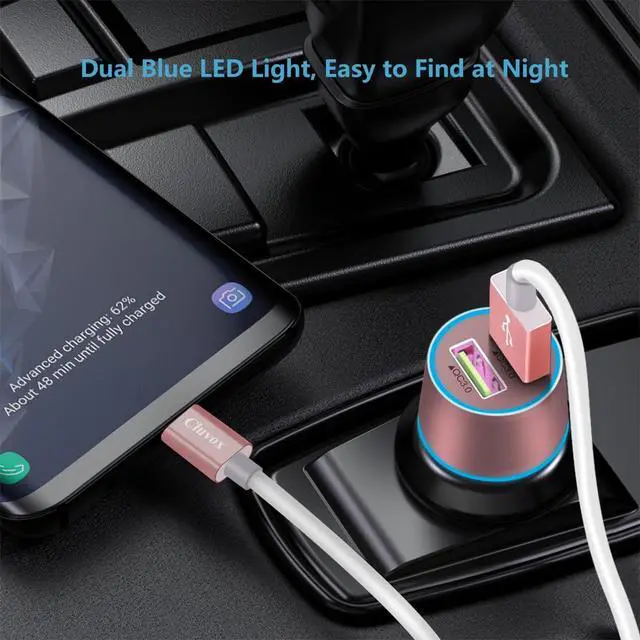 Alt view image 5 of 7 - Fast USB Car Charger for Samsung Galaxy A56/A55/A54/A53/A50/A17/A16/A15/A14/S26/S25/S24/S23/S22 Plus/Ultra/Note 20/A21/A31/A51 Quick Charge 3.0 Dual USB Rapid Car Charger with Type C Cable 3.3ft-Pink
