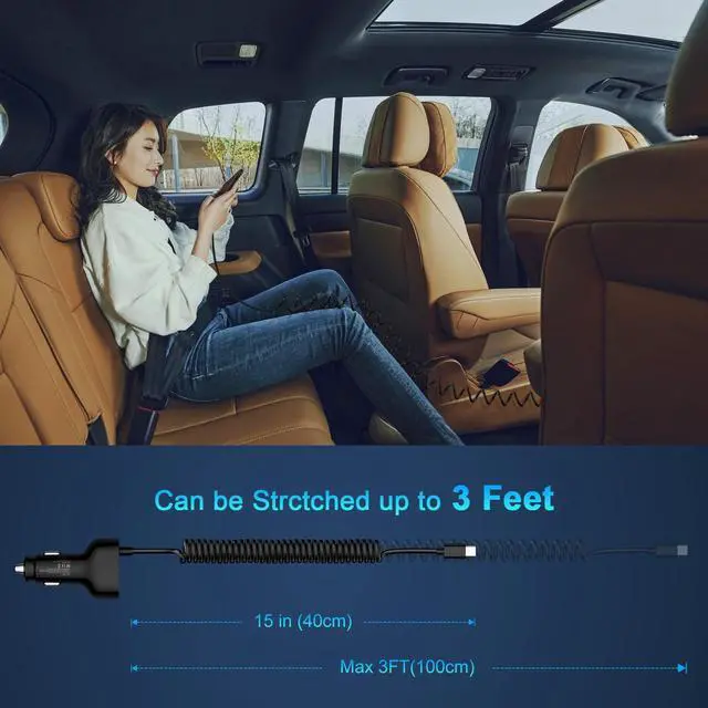 Alt view image 4 of 7 - USB C Car Charger 60W Super Fast Car Phone Charger Adapter with 3ft 30W Type-C Coiled Cable for Samsung Galaxy S25 Edge/S25 Ultra/S24/S23/S22/S21/A16/A17/iPhone 17/16e/16 Pro/Pixel 10/9/8