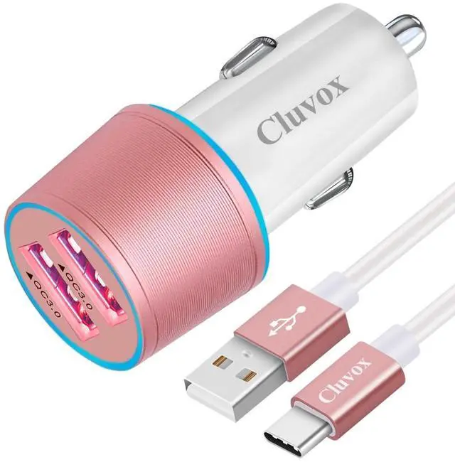 Main image of Fast USB Car Charger for Samsung Galaxy A56/A55/A54/A53/A50/A17/A16/A15/A14/S26/S25/S24/S23/S22 Plus/Ultra/Note 20/A21/A31/A51 Quick Charge 3.0 Dual USB Rapid Car Charger with Type C Cable 3.3ft-Pink