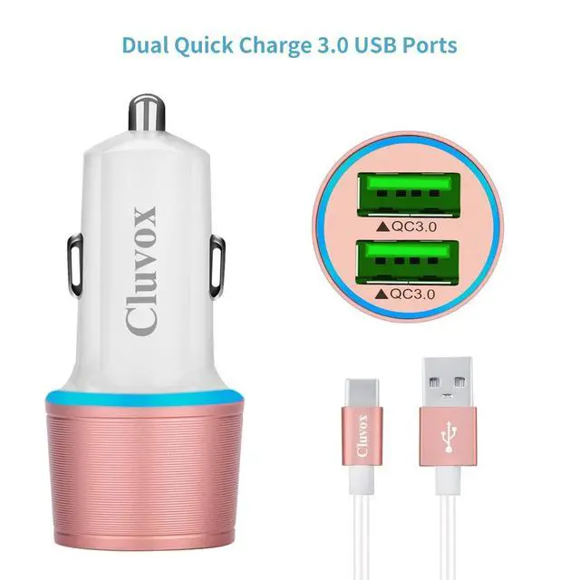 Alt view image 2 of 7 - Fast USB Car Charger for Samsung Galaxy A56/A55/A54/A53/A50/A17/A16/A15/A14/S26/S25/S24/S23/S22 Plus/Ultra/Note 20/A21/A31/A51 Quick Charge 3.0 Dual USB Rapid Car Charger with Type C Cable 3.3ft-Pink