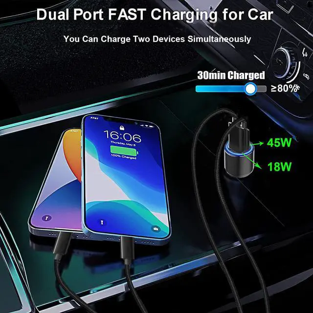 Alt view image 3 of 6 - 63W Super Fast Car Charger and Cable for Samsung Galaxy S25/S25 Plus/S25 Ultra/S24 FE/S23 S22 S24 /S21 S20,A54 5G/A55 5G/A15 A25,Z Fold 4 5/Z FILP,USB C 45W+USB A 18W Adapter Phone Cigarette Lighter